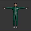 Man In Green Tracksuit With White Stripes Arms Outstretched On Gray Gradient Background