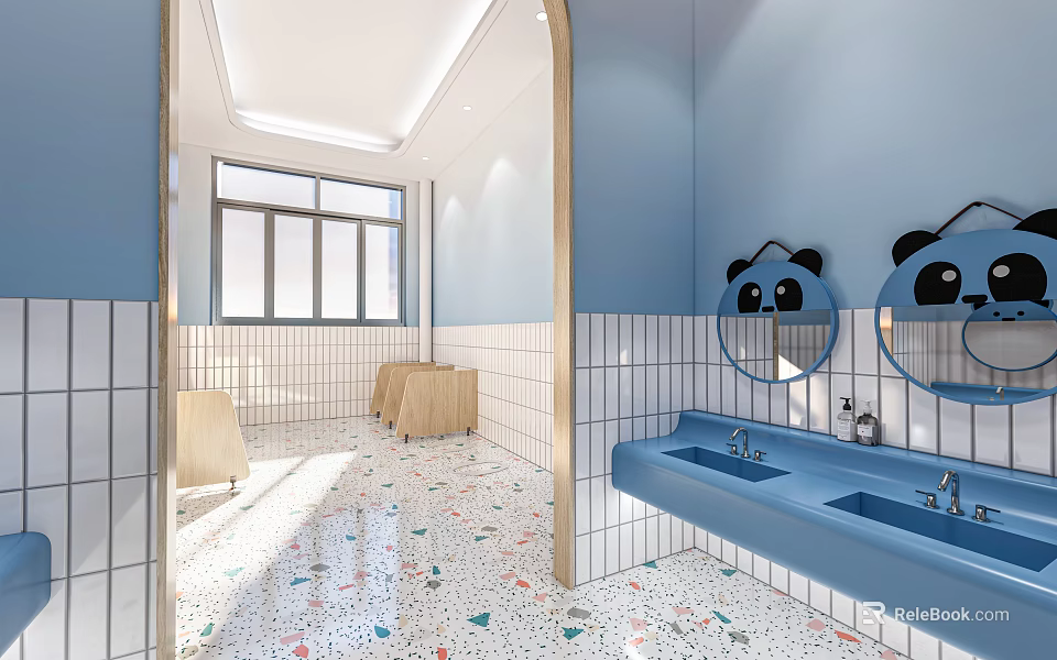 Bright Modern Public Restroom Interior With Blue Walls Sinks Panda Mirrors And Colorful Terrazzo Flooring 3d model 