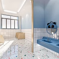 Bright Modern Public Restroom Interior With Blue Walls Sinks Panda Mirrors And Colorful Terrazzo Flooring