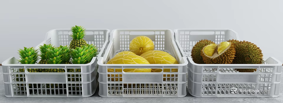 White Plastic Storage Baskets with Mesh Design Holding Assorted Fresh Fruits 3d model