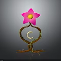 Plant with Pink Star Shaped Flower Yellow Center and C Shaped Vines Brown Roots on Gray Background