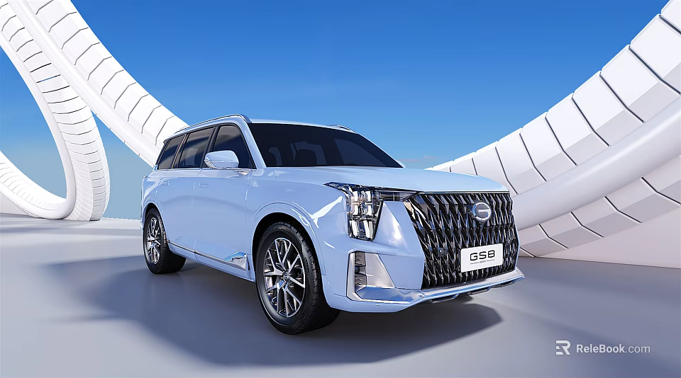 White Trumpchi GS8 SUV with Sleek Front Grille Design against Modern Architectural Blue Sky Background 3d model 