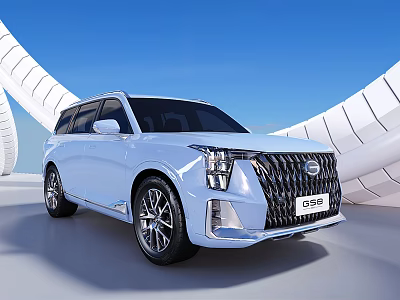 White Trumpchi GS8 SUV with Sleek Front Grille Design against Modern Architectural Blue Sky Background 3d model