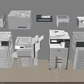 Office Appliances Including White Printers And Copiers Arranged On Gray Background With Light Wooden Floor