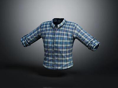 Casual Blue And White Plaid Collared Shirt With Rolled Cuffs Design 3d model