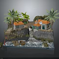 Waterfront Houses With Orange Roofs Palm Trees Wooden Bridge Dock Small Boat And Waves