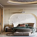 Hotel Guest Room Featuring Circular Bed Curved Accent Wall Wooden Screens and Projector
