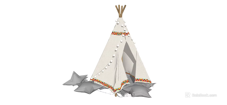 Traditional White Tipi Tent With Decorative Trim And Surrounding Gray Cushions 3d model 