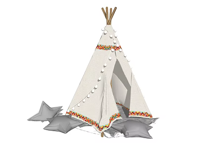 Traditional White Tipi Tent With Decorative Trim And Surrounding Gray Cushions 3d model