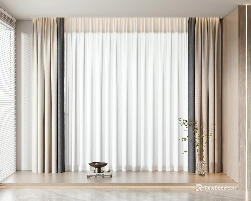 Lightweight White Sheer Curtains With Gray Panel In Modern Room Wooden Windowsill Bowl And Plant Vase 3d model 