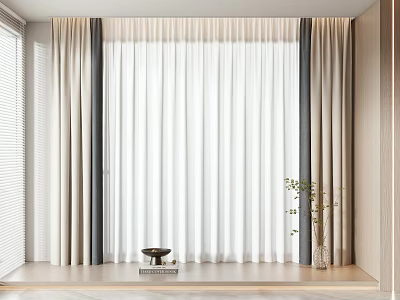Lightweight White Sheer Curtains With Gray Panel In Modern Room Wooden Windowsill Bowl And Plant Vase 3d model