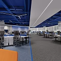 Modern Office Interior With Blue Accent Wall White Curved Reception Desk And Marble Flooring