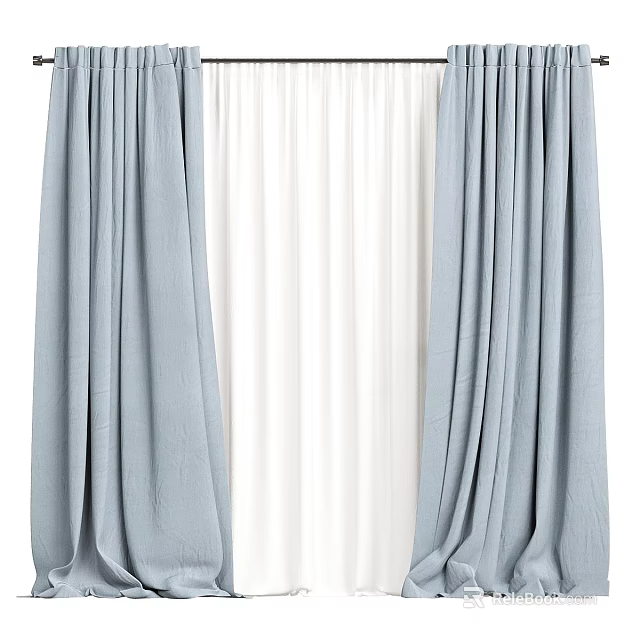 Stylish Gray and White Double Layer Curtains with Soft Texture 3d model