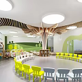 School Interior Design With Tree Shaped Ceiling Green White Walls And Small Beds 3d model