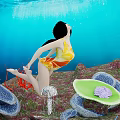 Game Movie Character in Yellow Swimsuit Leaping Backward in Underwater Scene with Coral and Jellyfish