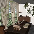 Tranquil Tea Room Interior With Bamboo Plants Pendant Light Low Wooden Table And Cushions