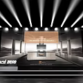 Elegant Stage Setup With Round Tables Chairs Overhead Spotlights Backdrop Screen And Display Areas 3d model