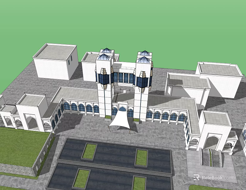Symmetrical White Tower Architectural Model With Arch Windows And Courtyard Design 3d model 