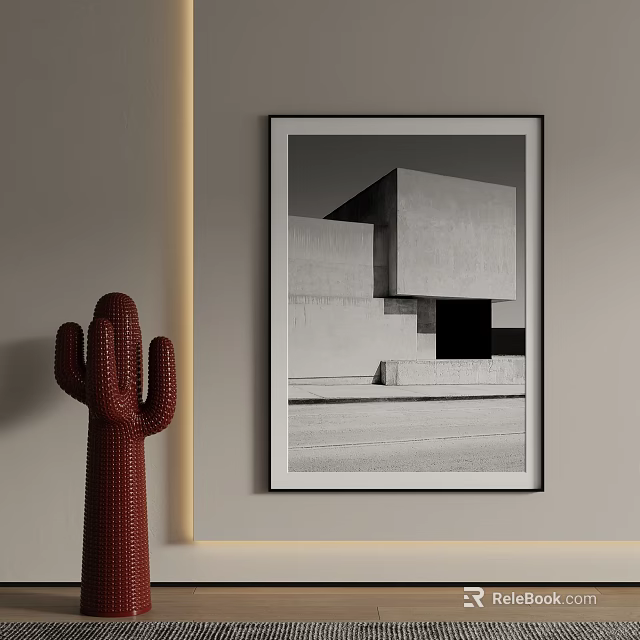 Black And White Architectural Landscape Art On Wall With Red Cactus 3d model