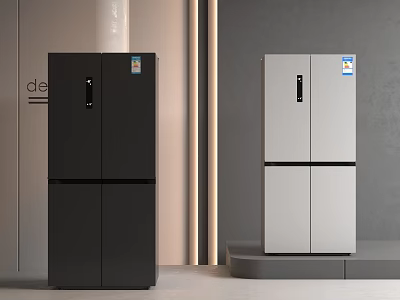 Black And White Multi Door Upright Refrigerators With Modern Design In Showroom 3d model
