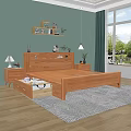 Wooden Minimalist Natural Double Bed Bedroom Interior With Nightstand Shelf Green Curtains And Sunlight