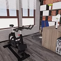 Sports Equipment In Indoor Home Office Setup With Exercise Bike Desk Computer Bookshelf And Windows