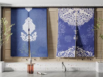 Blue Traditional Curtains With White Floral Patterns And Wooden Blinds Background For Indoor Home Decor 3d model