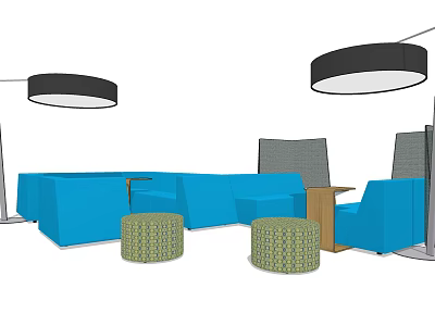 Blue Public Chairs With Green Round Stools And Black Pendant Lights 3d model