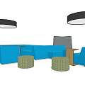 Blue Public Chairs With Green Round Stools And Black Pendant Lights