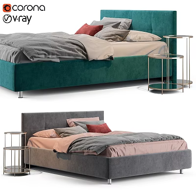 Modern Velvet Double Bed With Gray Bedding Red Pillows And Metal Bedside Table 3d model