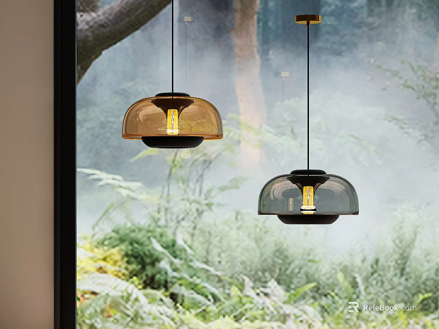 Modern Pendant Lights With Domed Amber And Smoke Shades Against Natural Forest View 3d model 