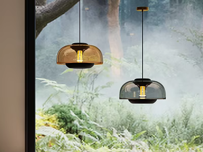 Modern Pendant Lights With Domed Amber And Smoke Shades Against Natural Forest View 3d model