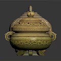 Traditional Carved Ceramic Sculptures Including Pagoda Shaped Handled and Lidded Vessels with Intricate Patterns