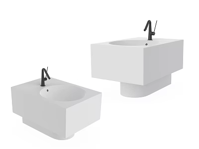 Two Modern White Square Ceramic Washbasins with Black Faucets Design 3d model
