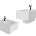 Two Modern White Square Ceramic Washbasins with Black Faucets Design
