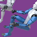 Two Male Robot Models in Silver and Blue Sitting Pose with Mechanical Joints