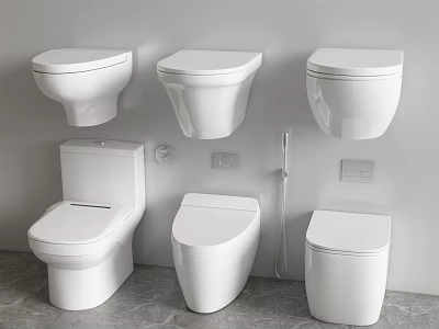 White Toilets Showcase Wall Hung And Floor Standing Types On Gray Floor With White Walls 3d model