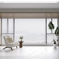 Stylish Venetian Blinds in Bright Room with Large Windows Wooden Walls White Floor and Green Plants