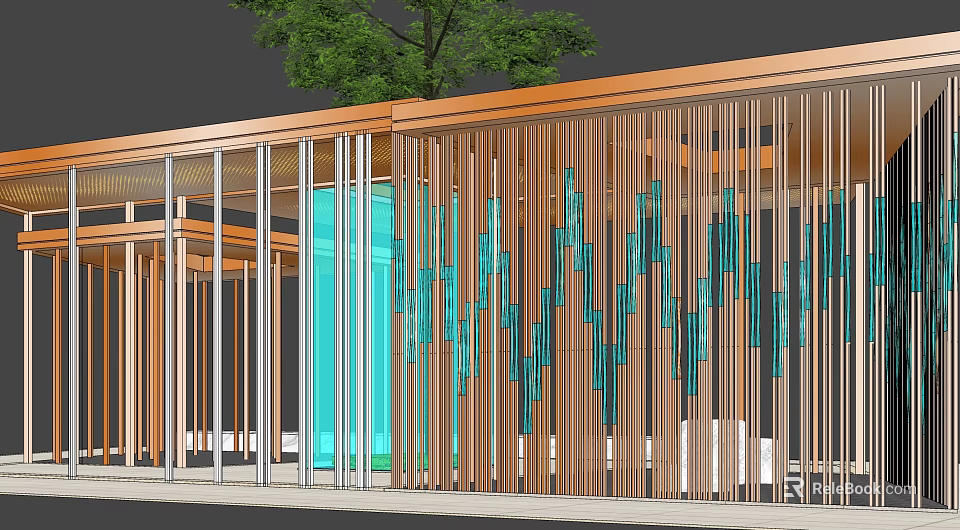 Modern Wooden Pergola With Vertical Slats Roof Beams Green Plants And Blue Accents 3d model 