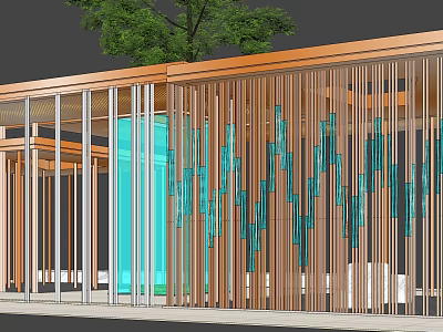 Modern Wooden Pergola With Vertical Slats Roof Beams Green Plants And Blue Accents 3d model