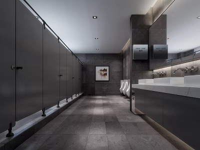 Modern Public Restroom Design With Gray Stalls White Washbasins And Mirrors 3d model