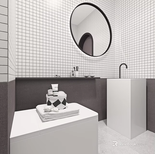 Modern Bathroom Interior Design With White Black Grid Tiles Round Mirror And White Sink Vanity 3d model 