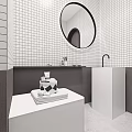 Modern Bathroom Interior Design With White Black Grid Tiles Round Mirror And White Sink Vanity