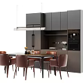 Modern Dining Table Set With Brown Leather Chairs And Gray Kitchen Cabinets 3d model