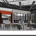 Modern Public Office Space With Glass Doors Wooden Walls Orange Accents Lighting And Green Plants