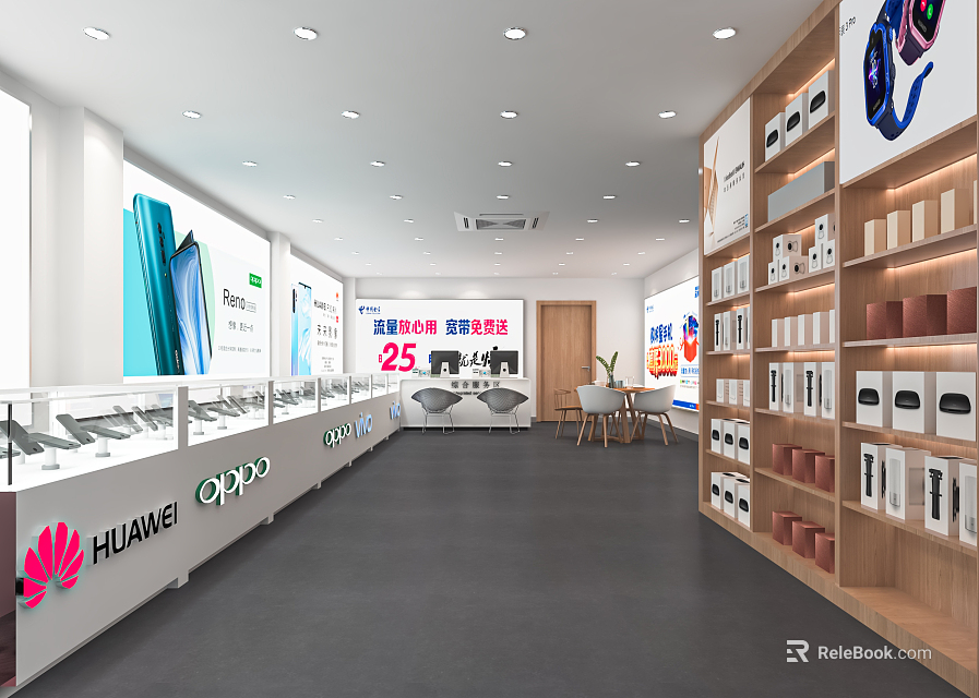 Bright Digital Store With Mobile Phone Displays Huawei OPPO Accessories And Anniversary Promotion 3d model 