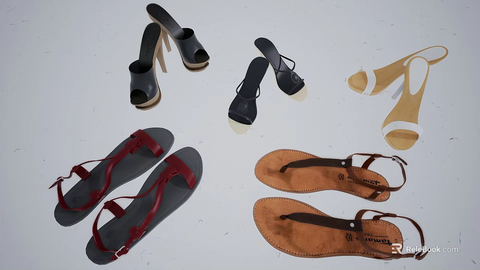 Stylish Women's Sandals And Heels With Leather Straps Black Red Beige Open Toe Design 3d model 