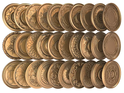 Golden Decorative Carved Metal Discs Featuring Various Intricate Patterns Arranged In Rows 3d model