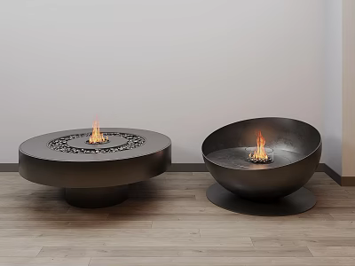 Stylish Black Metal Fire Pits Round And Bowl Shaped Indoor With Wooden Floor Burning Flames 3d model