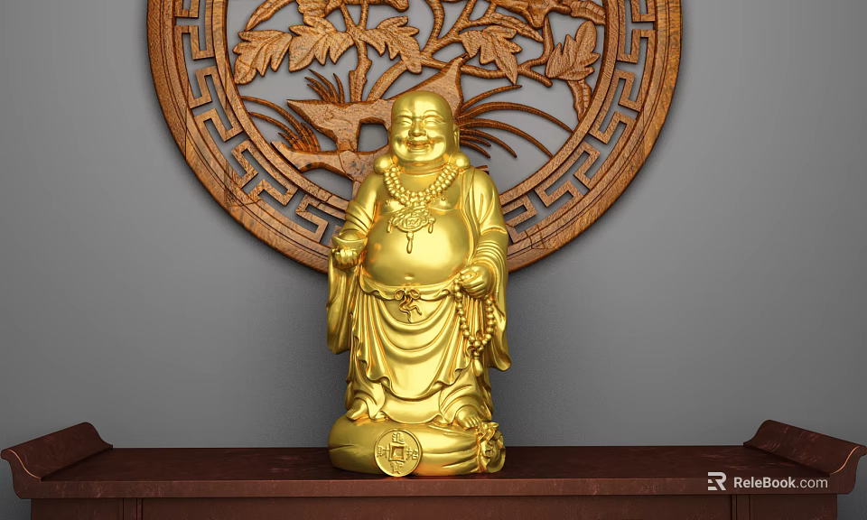 Golden Maitreya Buddha Sculpture With Intricate Wooden Carved Background And Traditional Design 3d model 
